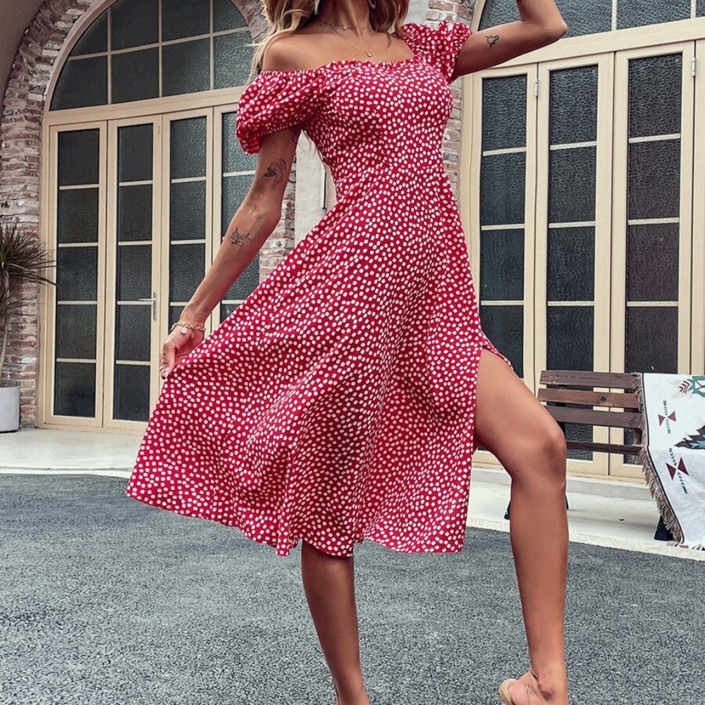 Red Boho Floral Print Puff Sleeve Slit Midi Dress - Picture 12 of 16